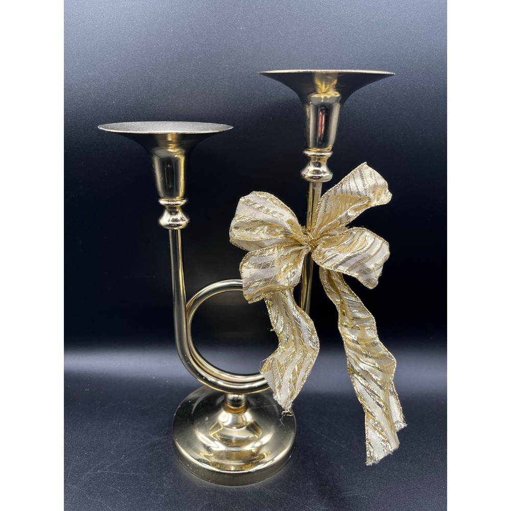 Vtg‎ Gold Tone Double Candlestick Holder Horn Bugle Style Decorative Accent 11"